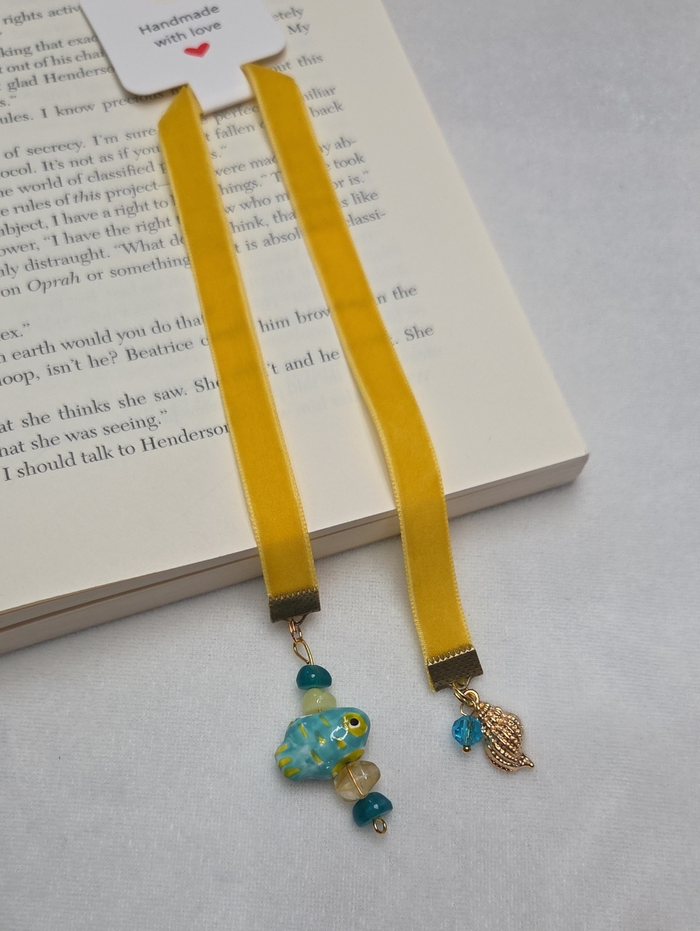 Handmade Yellow Velvet Ribbon Blue Fish Beaded Bookmark Gold Seashell Charm - Picture 2 of 4